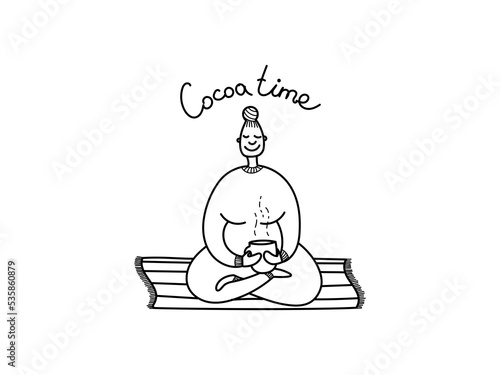 Cocoa time. A girl with a large mug drinks cocoa while sitting on a mat in a lotus position. Outline vector doodle illustration.