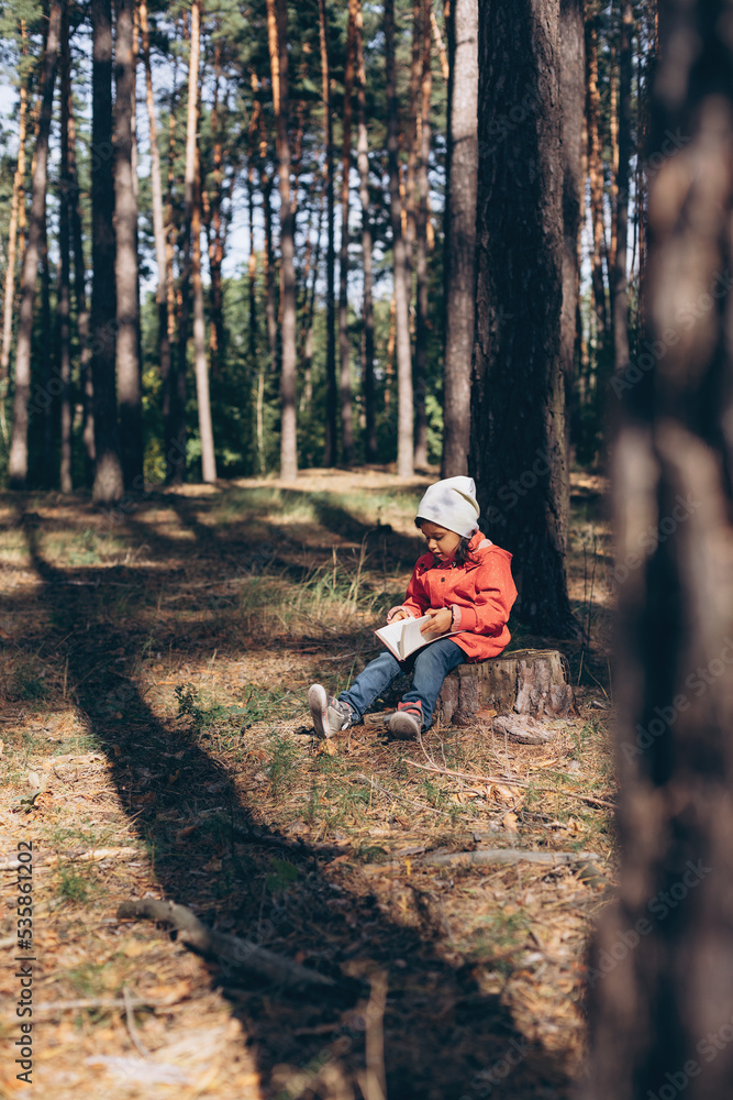 A preschooler girl in an orange jacket raincoat sits on a stump and reads a book seriously on a sunny autumn day A preschooler girl in an orange jacket raincoat sits on a stump and reads a book seriously on a sunny autumn day