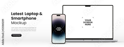 Modern latest laptop mockup front view and smartphone mockup high quality isolated on white background. Notebook mockup and phone device mockup for ui ux app and website presentation Stock Vector.