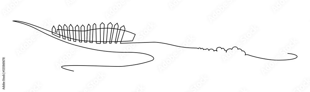 Old crooked picket fence on the border with the field. Landscape. Continuous line drawing illustration. Old crooked picket fence on the border with the field. Landscape. Continuous line drawing illustration.