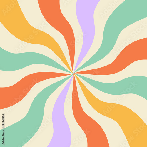1970 abstract groovy trippy pattern. Wavy swirl seventies style. Hippie aesthetic square background. Psychedelic curvy beams diverging from the center. Optic illusion.