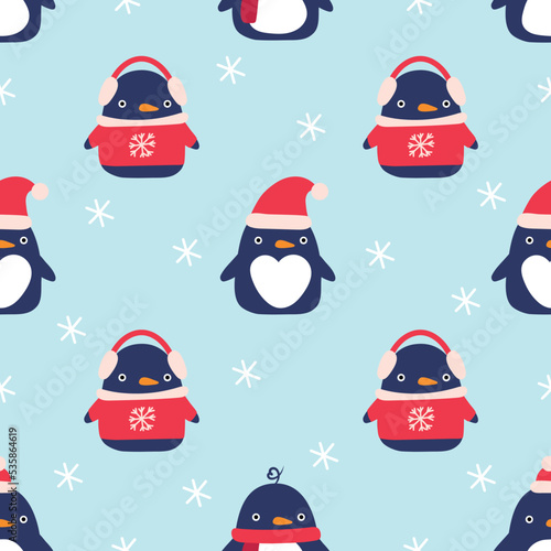 Christmas seamless pattern with penguins  vector illustration. Cute penguins in a Christmas sweater and hat. Funny characters penguins in cartoon style. Great print for wrapping paper  textile  banner