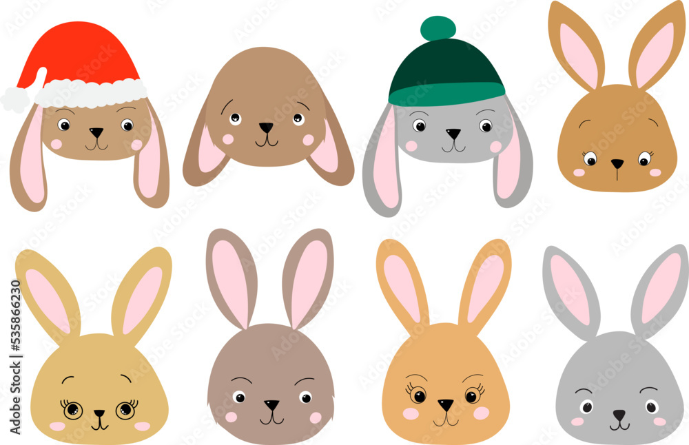 rabbit portrait cartoon set on white background, isolated vector rabbit portrait cartoon set on white background, isolated vector