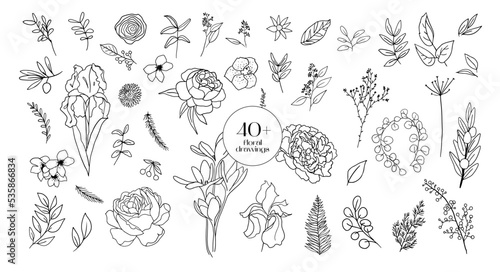 Black vector one-line drawing set, floral continuous line illustration for beauty salons, events, any personal occasions isolated on white background