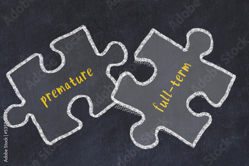 Ploblem solving. Chalk sketch of two puzzles with words premature and full-term