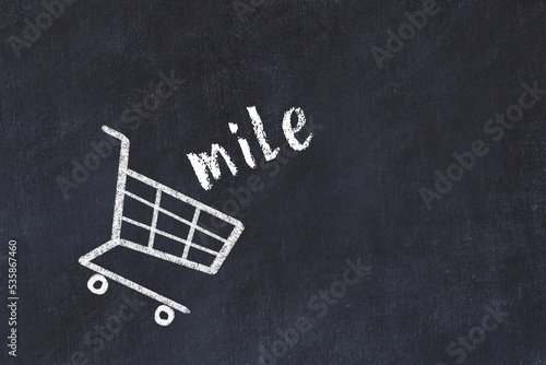 Chalk drawing of shopping cart and word mile on black chalboard. Concept of globalization and mass consuming photo