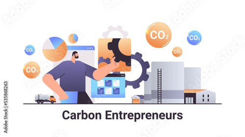 carbon credit concept businessman entrepreneur rotating cogwheel responsibility of co2 emission environment strategy