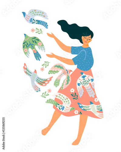 Woman and dove of peace. Vector isolated illustration. Elements for card, poster, flyer and other
