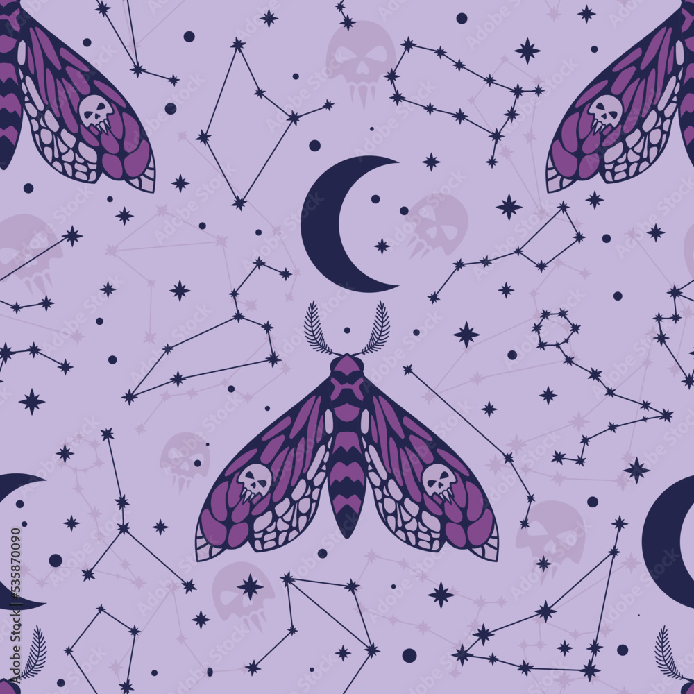 Pattern with dead head butterfly, moon and constellations