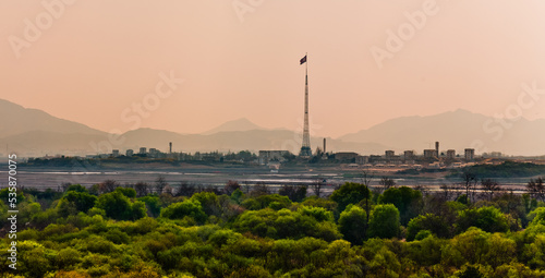 JOINT SECURITY AREA, PANMUNJEOM, SOUTH KOREA: tallest flag pole in the world with North Korean flag. Kijong-dong village is in North Korea and can be seen from South Korea photo