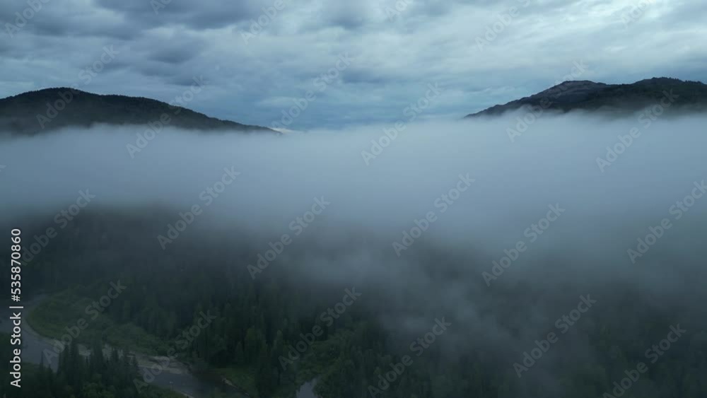 Flying through a thick gloomy fog in the forest on the river on a dark mysterious morning. Aerial view. Flying through a thick gloomy fog in the forest on the river on a dark mysterious morning. Aerial view.
