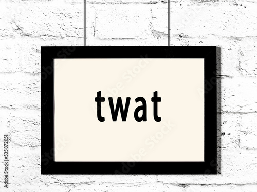 Black frame hanging on white brick wall with inscription twat