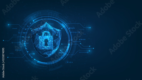 protection security technology digital on blue dark background. cyber data shield security low poly wireframe. prevent online network theft system. vector illustration abstract fantastic design.