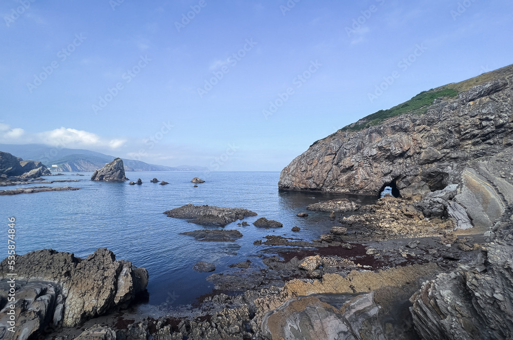 coastline on the beach of Bermeo, town of VIzcaya, Basque Country