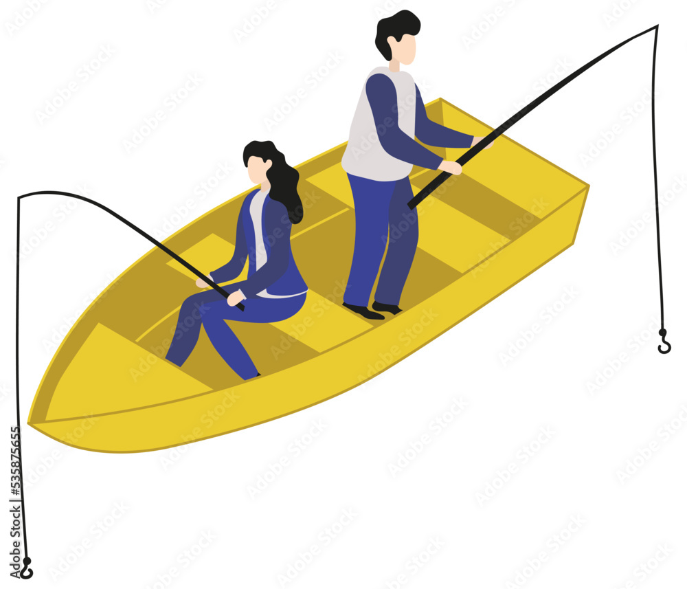 Man and woman fishing from a boat. Modern minimalistic illustration of faceless characters with fishing rods in their hands. Vector clipart isolated on transparent background