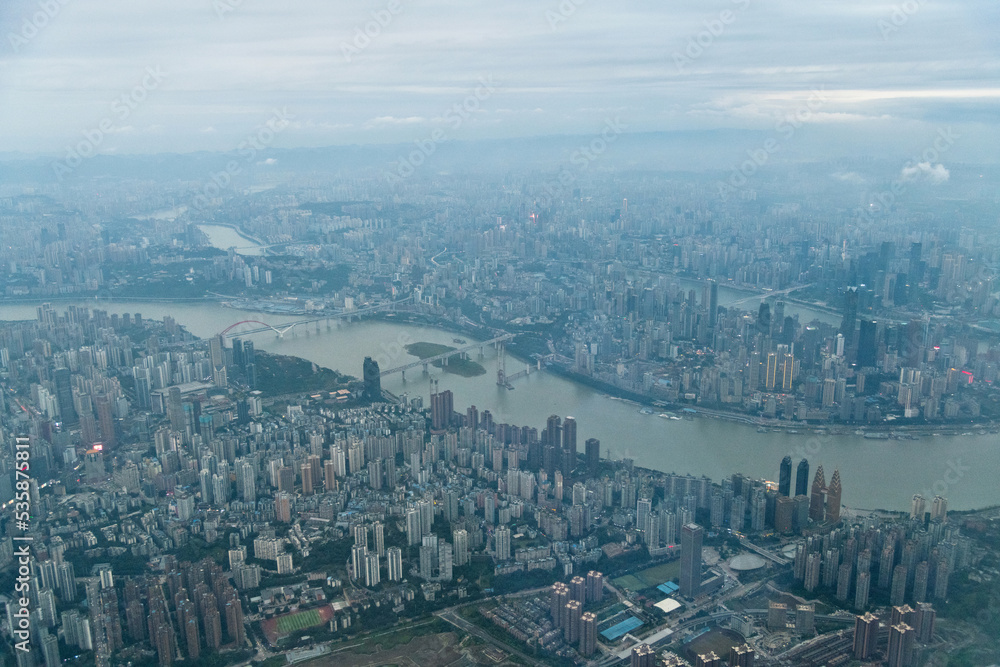 Fototapeta premium Aerial view of city of Chongqing and Yangtze river in China