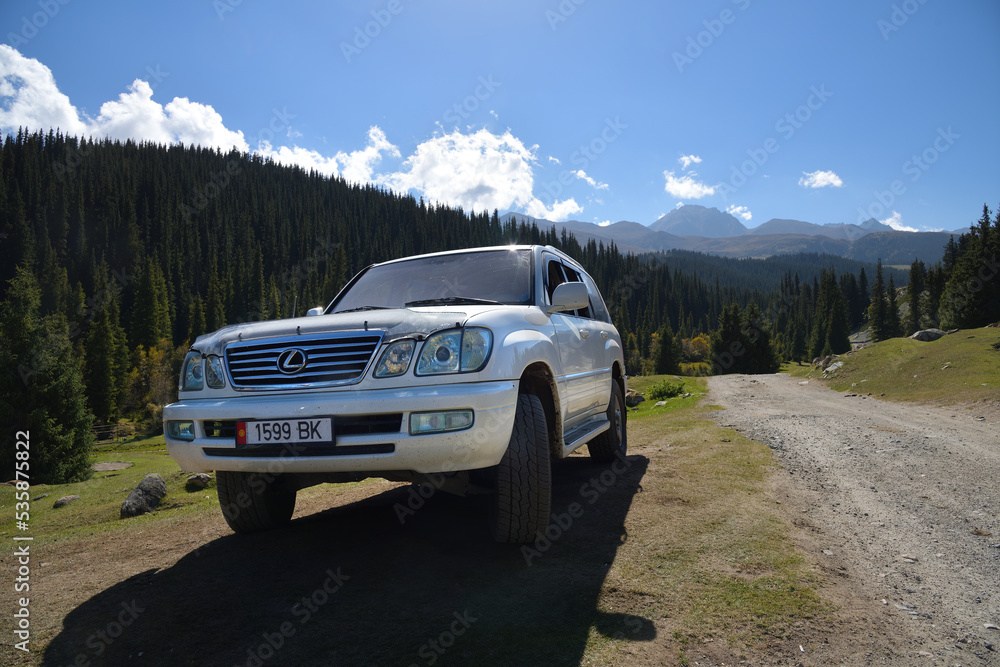 IssykKul, Kyrgyzstan Sept 19, 2022 Offroad car LEXUS LX470 shown