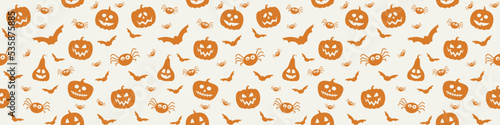 Halloween banner with funny pumpkins, bats and spiders. Wallpaper. Vector