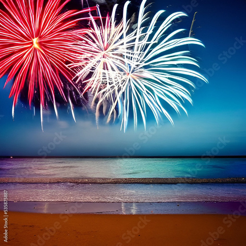 Fireworks up high in the air over the sea
