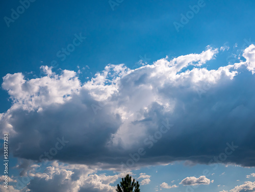Clouds with a hint of sun rays in the blue sky, above the tip of a coniferous tree