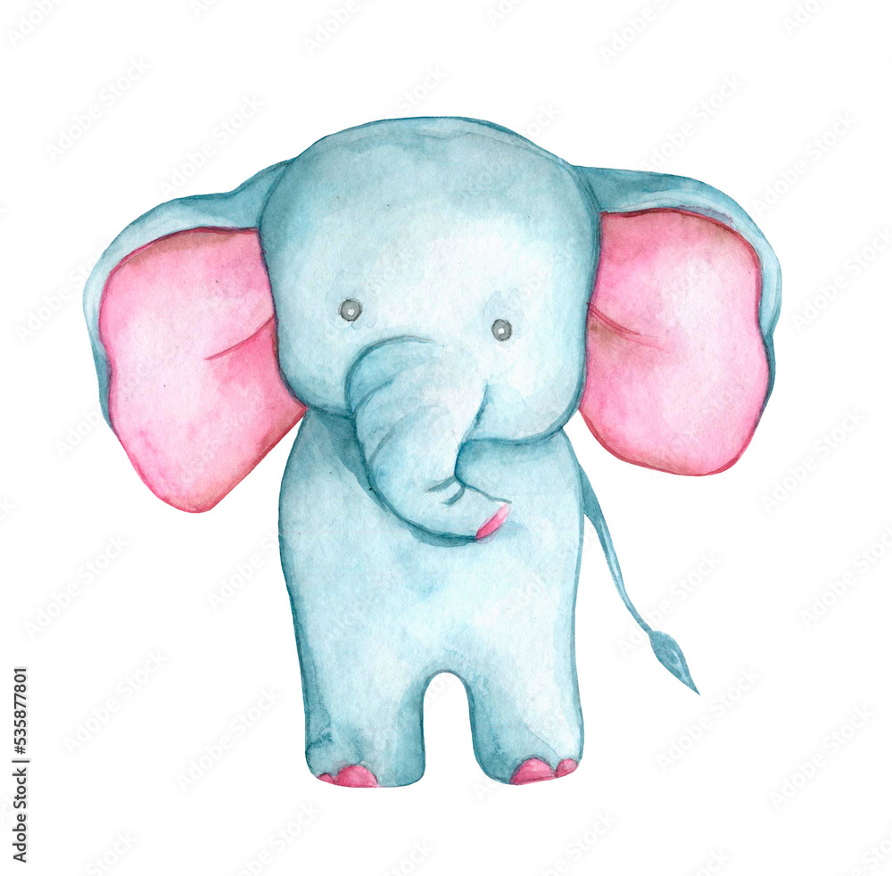 Little cute cartoon elephant - watercolor illustration. Hand draw watercolor monkey isolated.  Smiling monkey. African animals