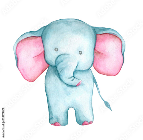 Little cute cartoon elephant - watercolor illustration. Hand draw watercolor monkey isolated.  Smiling monkey. African animals