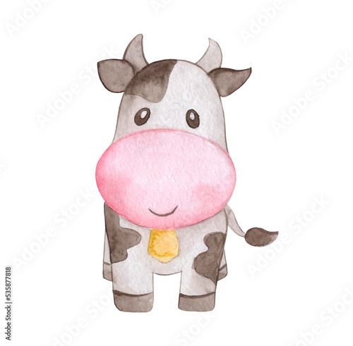 Little cute cartoon cow- watercolor illustration. Hand draw watercolor monkey isolated.  Smiling monkey. Farm animals