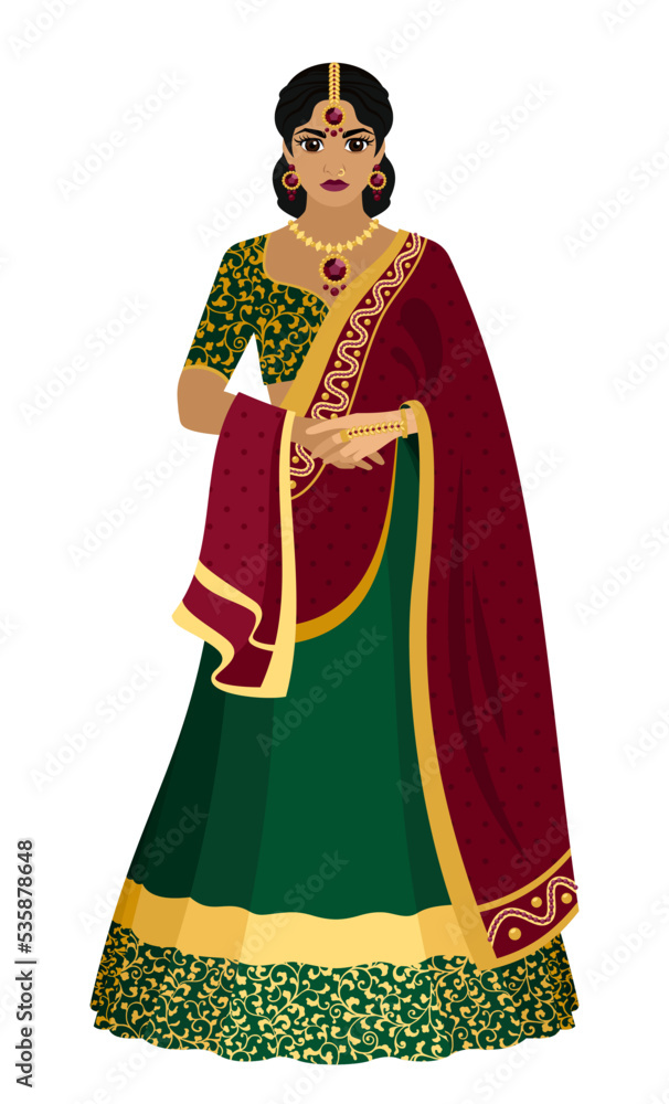 National fashion. A Hindu woman in traditional dress - green with a dark red sari embroidered with gold. Flat vector illustration.