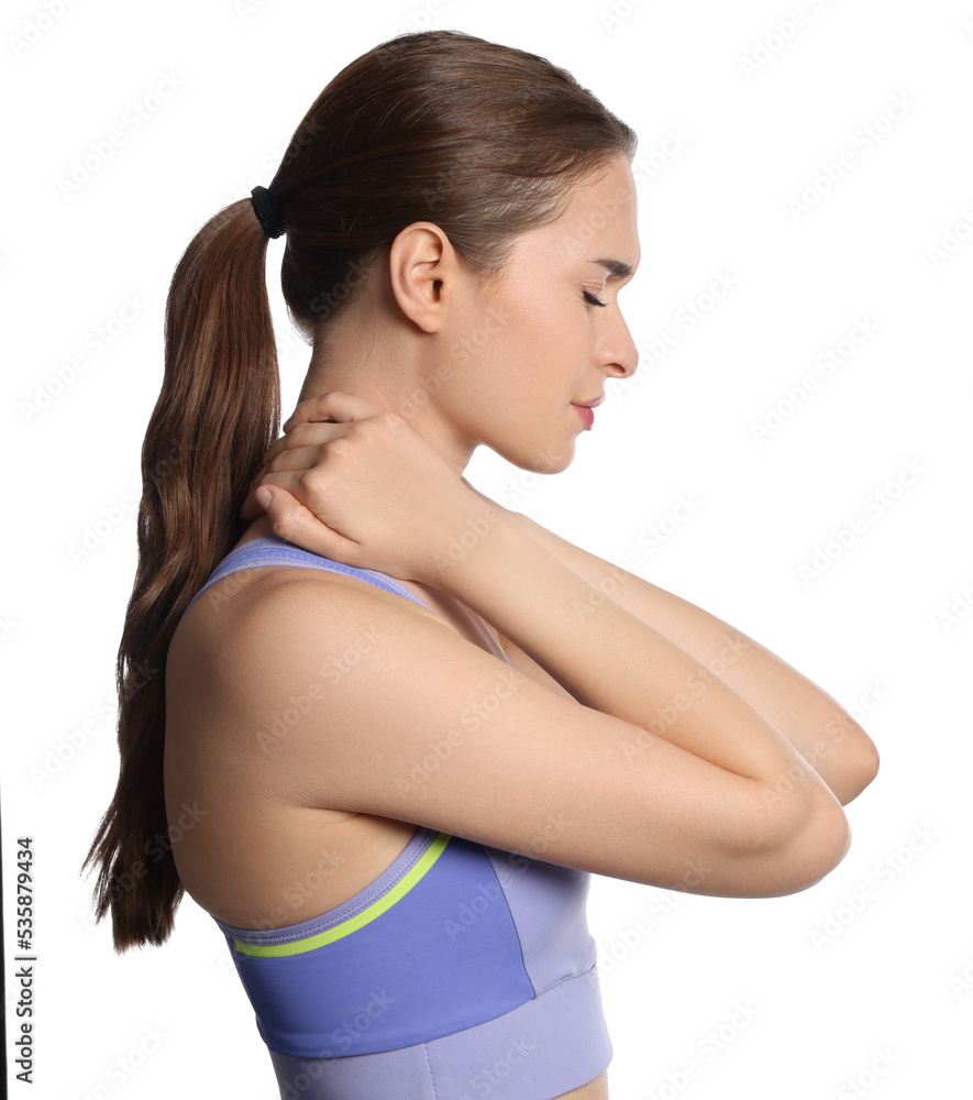 Young woman suffering from neck pain on white background Young woman suffering from neck pain on white background