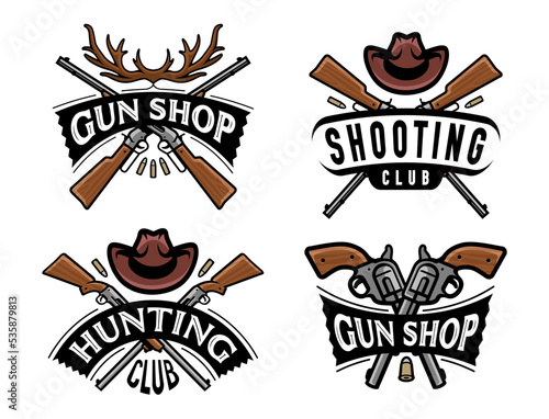Gun shop, Hunting club badge or logo. Pistol, shotgun symbol set. Shooting club emblem vector illustration
