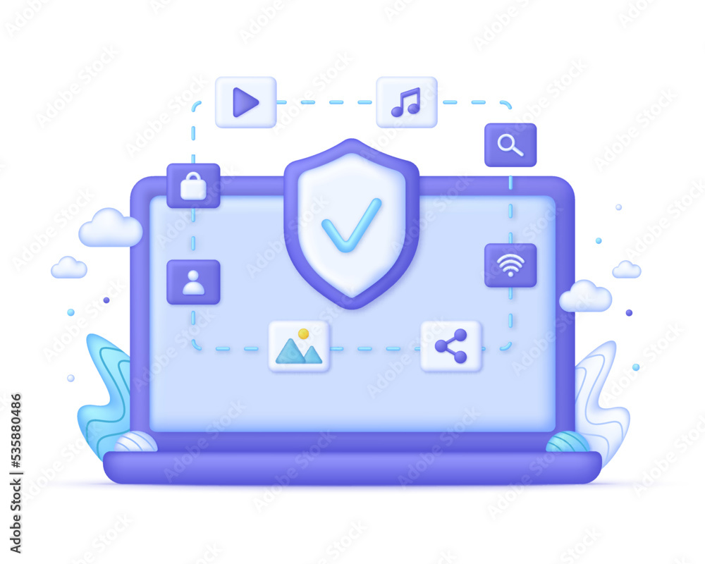 3D Computer protection illustration. Antivirus concept. Cyber security. Updating devices. File Transfer 3D Computer protection illustration. Antivirus concept. Cyber security. Updating devices. File Transfer