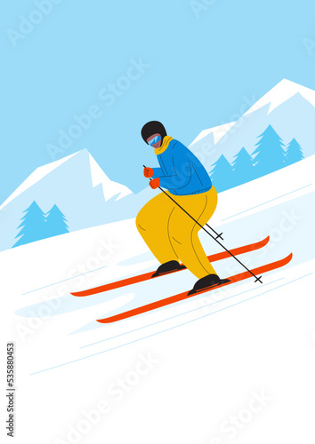 Skier rides on skis in mountain. Man is skiing down hill. Winter outdoor activities, sport. Wintertime fun. Mountain landscape