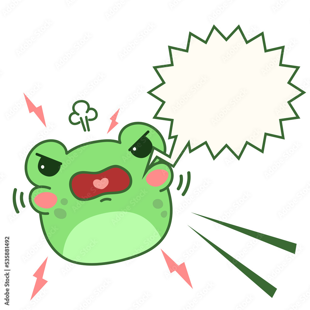 Angry frog. Toad head in kawaii cartoon style. Hand drawn animal with bubble speech. Pet vector illustration isolated on white background. Angry frog. Toad head in kawaii cartoon style. Hand drawn animal with bubble speech. Pet vector illustration isolated on white background.