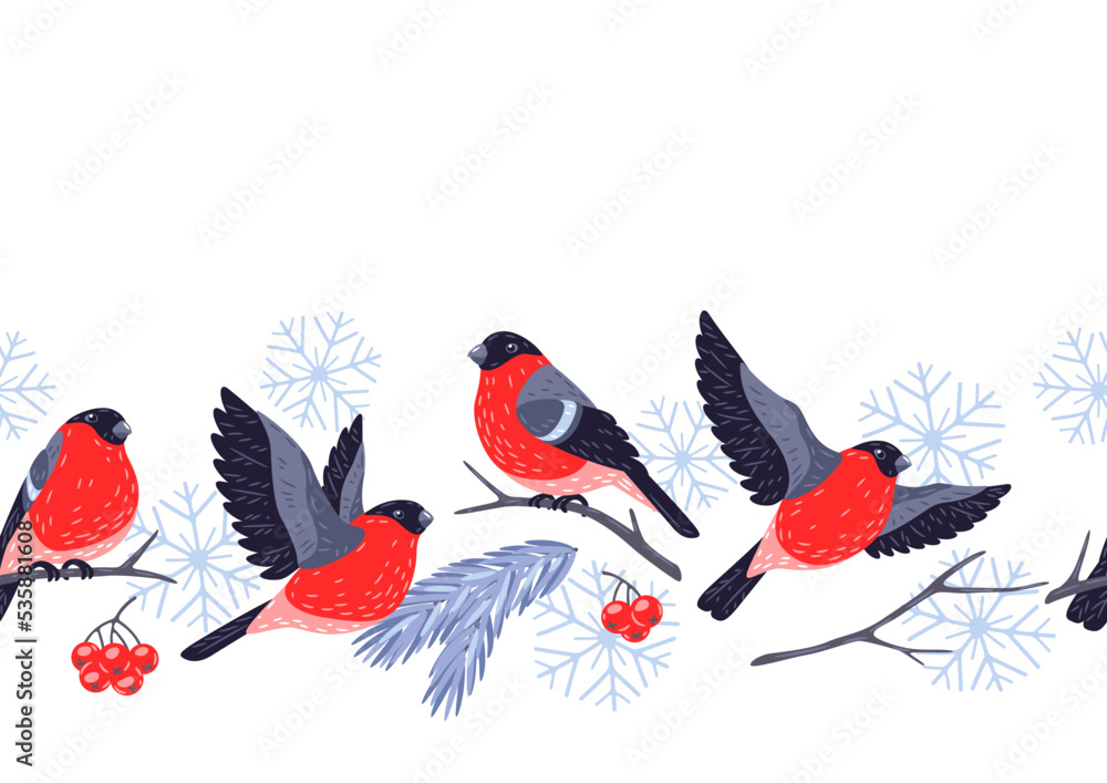 Fototapeta premium Winter seamless pattern with birds bullfinches and plants. Merry Christmas and Happy New Year card.