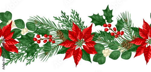 Seamless pattern with winter plants. Merry Christmas and Happy New Year decoration.