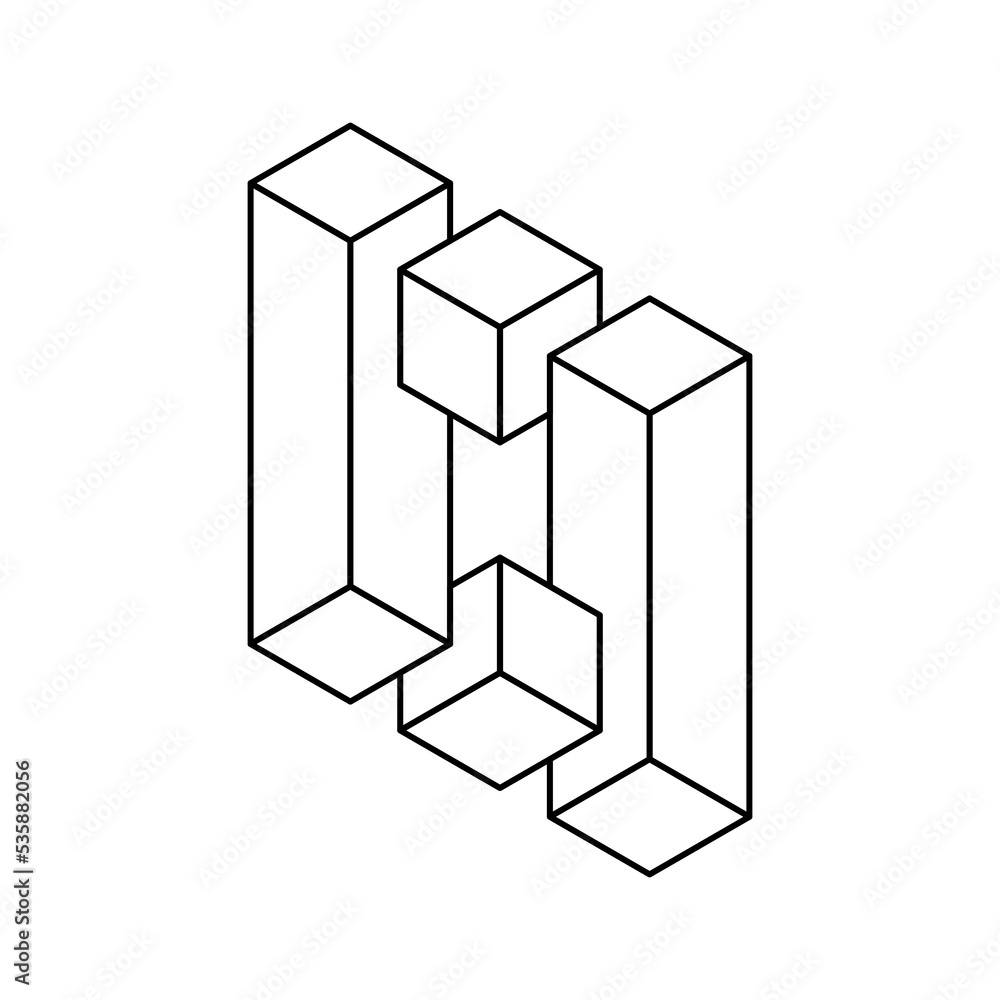 Impossible geometric shape line icon. Cubes and rectangles in 3D perspective. Optical illusion, visual effect, mind trick. Esher penrose object floating. Isometric shape. Vector illustration, clip art Impossible geometric shape line icon. Cubes and rectangles in 3D perspective. Optical illusion, visual effect, mind trick. Esher penrose object floating. Isometric shape. Vector illustration, clip art