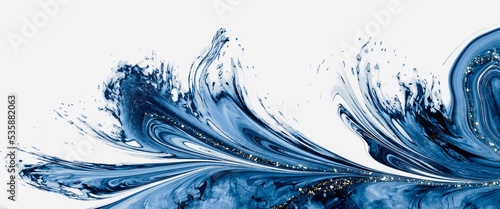 Dreamy abstract background made with alcohol ink technique, wave idea, ocean blue. white canvas, marble, splashing, curved texture, watercolour painting with free copy space, hand drawn fluid art	
