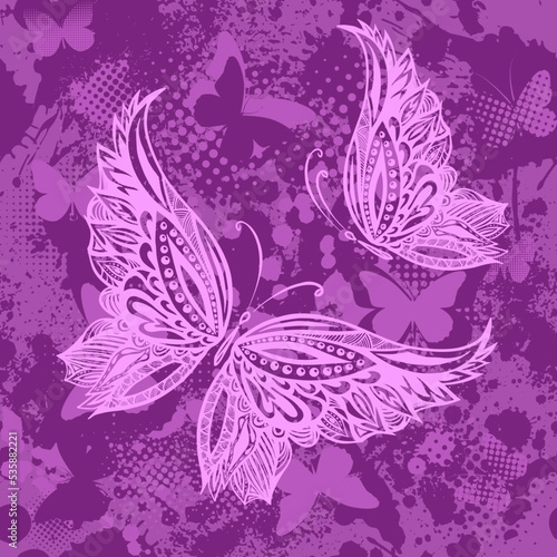 Purple seamless pattern with butterflies. Vector illustration