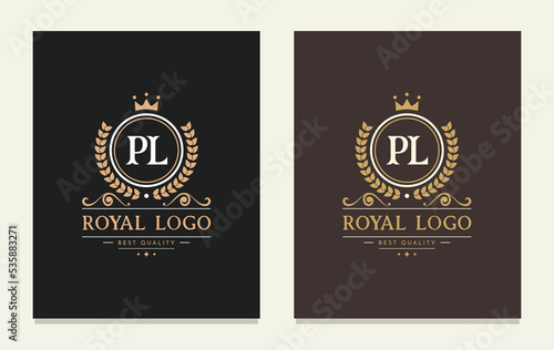 Letter PL crown monogram. Elegant logo and creative typography. The graceful vintage emblem for book design, brand name, business card, restaurant, boutique, hotel, cafe, badge, label. Vector symbol.