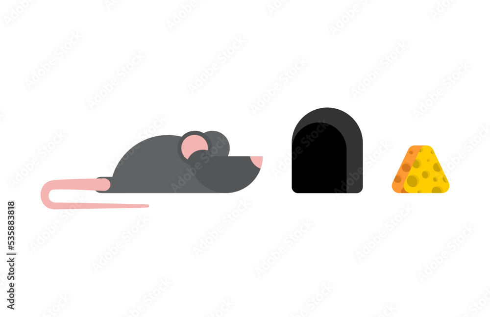 Mouse and cheese and burrow set. Vector illustration Mouse and cheese and burrow set. Vector illustration