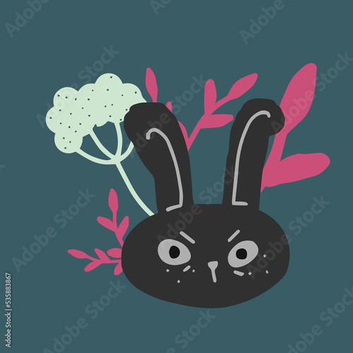 Silhouette of a jackdaw's head on a background of bushes vector illustration. Black bird head.