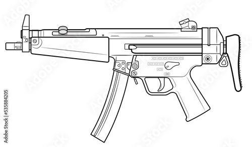 Vector illustration od the MP5 machine gun with folded stock on the white background. Left side.