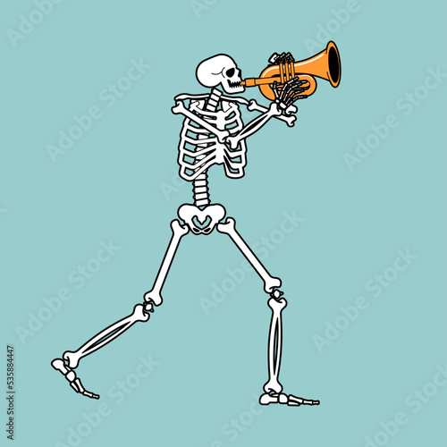 Skeleton with trumpet. Skeleton musician. bugle and dead. Vector illustration