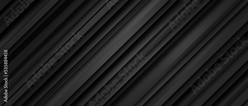 Abstract black gradient layered background with dynamic diagonal stripe lines and shadow