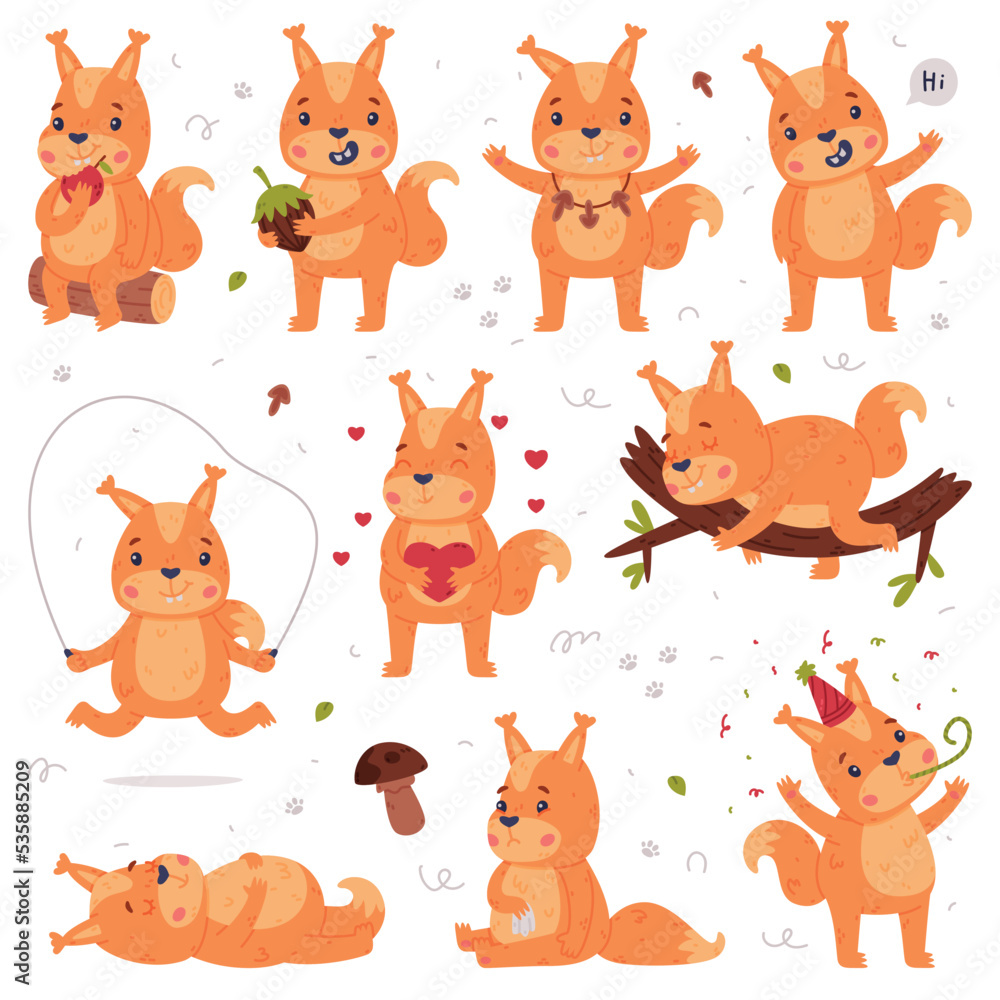 Funny Squirrel Character with Bushy Tail Engaged in Different Activity Vector Set Funny Squirrel Character with Bushy Tail Engaged in Different Activity Vector Set