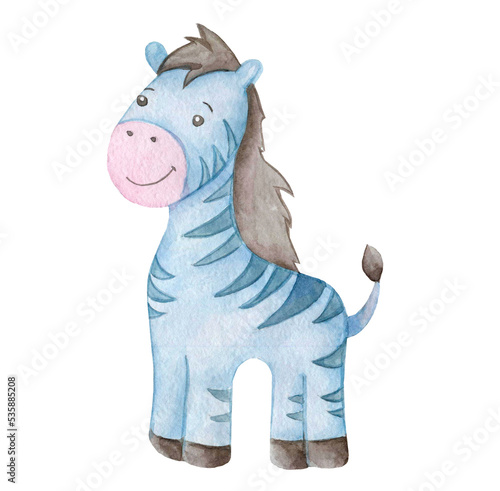 Little cute cartoon zebra- watercolor illustration. Hand draw watercolor monkey isolated.  Smiling monkey. African animals