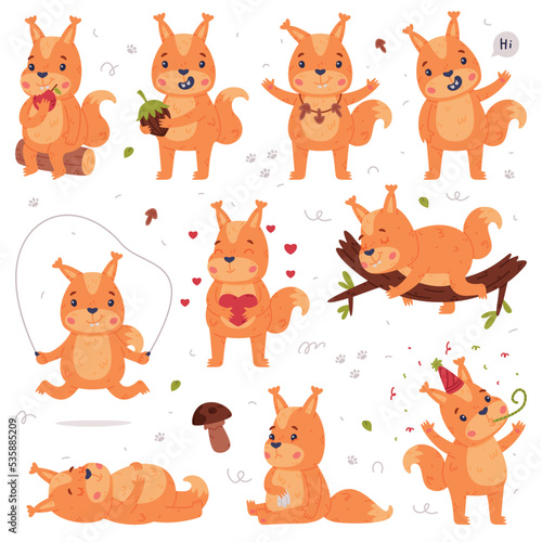 Funny Squirrel Character with Bushy Tail Engaged in Different Activity Vector Set