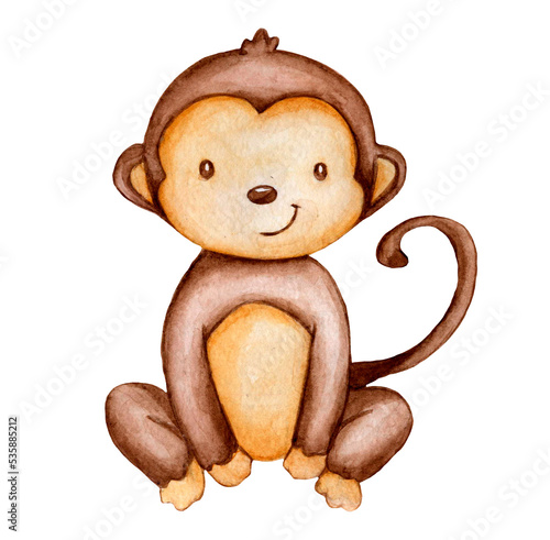 Little cute cartoon monkey- watercolor illustration. Hand draw watercolor monkey isolated.  Smiling monkey. African animals