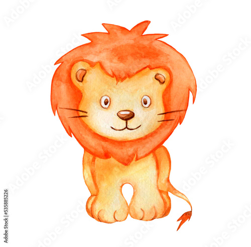 Little cute cartoon lion- watercolor illustration. Hand draw watercolor monkey isolated.  Smiling monkey. African animals