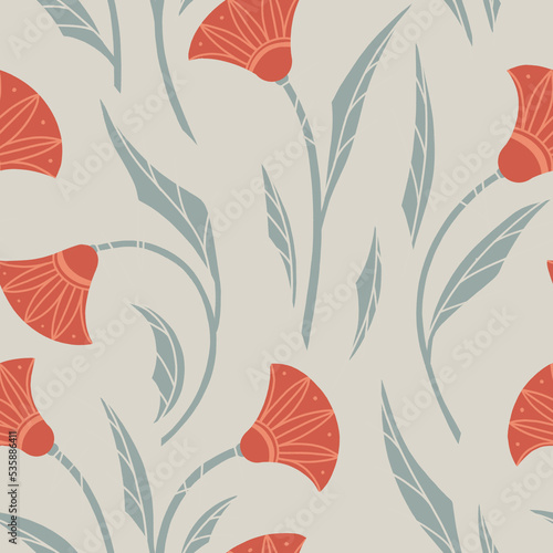 Seamless pattern with stylized poppies  flexible stems and leaves. Floral illustration in beige and scarlet colors for printing on fabric  wallpaper  paper.
